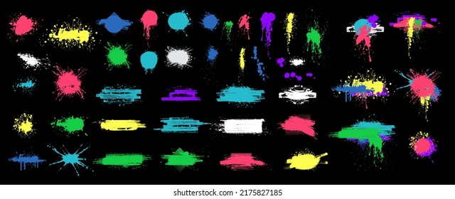 Color paint splatter. Color inked splatter stain splattered spray splash. Spray paint elements isolated on black Background. Drips multicolored ink splatters, Ink blots set. Isolated illustration