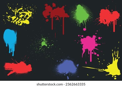 Color paint splatter. Color inked splatter stain splattered spray splash. Spray paint elements isolated on black Background. Drips multicolored ink splatters, Ink blots set. Isolated illustration