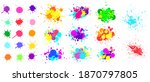 Color paint splatter. Spray paint blot element. Colorful ink stains mess. Watercolor spots in raw and paint splashes collection, liquid stains set isolated on white vector illustration