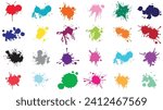 Color paint splatter.Spray paint blot element.Colorful ink stains mess.Colorful paint splatters.Watercolor spots in raw and paint splashes collection,Color ink splashes. Grunge splatters.