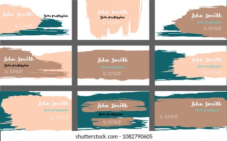 Color Painted Business Cards, Banners Vector Set. Amazing Painted Dark Horizontal Background. Creative Hipster Business Cards, Banners Collection. Funny Paintbrush Futuristic Corporate Identity.