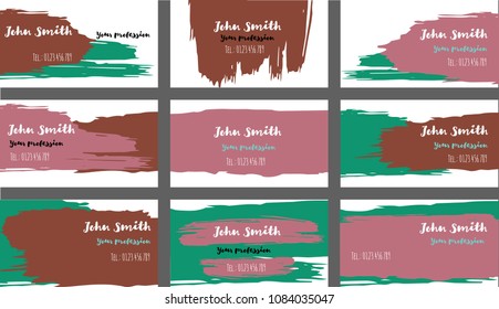 Color Painted Business Cards, Banners Vector Set. Amazing Painted Dark Horizontal Backgrounds. Cool Hipster Business Cards, Banners Collection. Cute Funny Paintbrush Futuristic Corporate Identity.