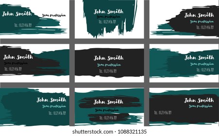 Color Painted Business Cards, Banners Vector Set. Amazing Painted Dark Horizontal Backgrounds. Creative Hipster Business Cards, Banners Collection. Funny Paintbrush Futuristic Corporate Identity.