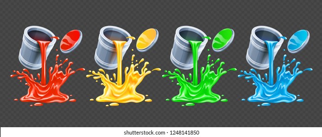 Color paints pouring from tins with lids. Realistic splash, splashes and drops on transparent background, gradient mesh used. EPS10 vector illustration.