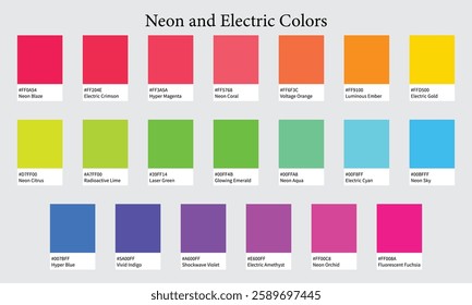 Color Palette 20 Colors of Neon and Electric - Bright Pink, Vibrant Cyan, Glowing Lime - with HEX Codes and Names, Colour Swatches and Combinations