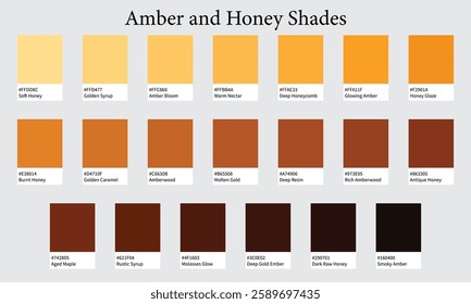 Color Palette 20 Shades of Amber and Honey - Dark Yellow, Warm, Golden, Caramel Colors - with HEX Codes and Names, Colour Swatches and Combinations