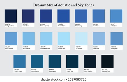 Color Palette 20 Shades of Blue - Aquatic and Sky Tones with HEX Codes and Names, Colour Swatches and Combinations