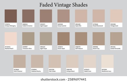 Color Palette 20 Shades of Faded Vintage Brown - Soft, Timeworn, Pastel Colors - with HEX Codes and Names, Colour Swatches and Combinations