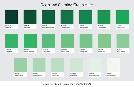 Color Palette 20 Shades of Green - Deep, Dramatic to Soft, Glowing Hues with HEX Codes and Names, Colour Swatches and Combinations