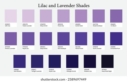 Color Palette 20 Shades of Lilac and Lavender - Amethyst, Violet, Soft, Romantic Pastel Colors - with HEX Codes and Names, Colour Swatches and Combinations