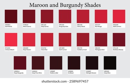 Color Palette 20 Shades of Maroon and Burgundy - Rich, Elegant, Wine Colors - with HEX Codes and Names, Colour Swatches and Combinations