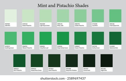 Color Palette 20 Shades of Mint and Pistachio - Green Fresh, Light, Refreshing Colors - with HEX Codes and Names, Colour Swatches and Combinations