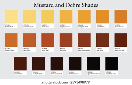 Color Palette 20 Shades of Mustard and Ochre - Dark Yellow, Earthy, Rustic Colors - with HEX Codes and Names, Colour Swatches and Combinations