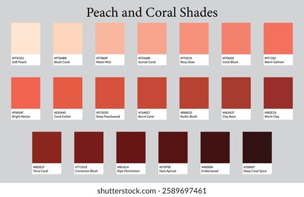 Color Palette 20 Shades of Peach and Coral - Warm, Delicate, Soft Colors - with HEX Codes and Names, Colour Swatches and Combinations