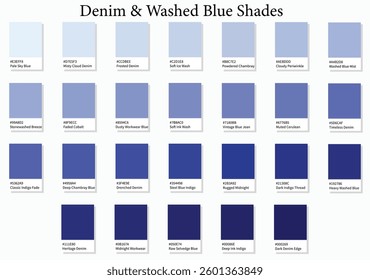 Color Palette 26 Denim and Washed Blue Shades - 3d Light Faded to Deep Dark Blue Tones - with HEX Codes and Names, Colour Swatches, Scheme and Combinations
