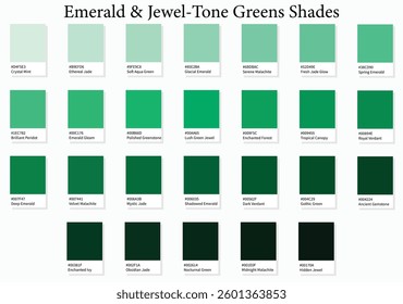 Color Palette 26 Emerald and Jewel Tone Green Shades - 3d, Light Pastel, Bright, Deep Dark Tones - with HEX Codes and Names, Colour Swatches, Scheme and Combinations