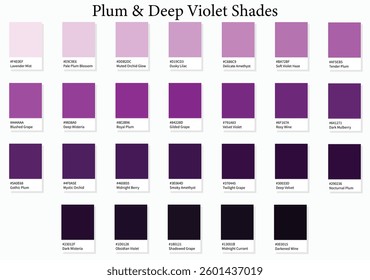 Color Palette 26 Plum and Deep Violet Shades - 3d Light Soft to Deep Dark Purple Tones - with HEX Codes and Names, Colour Swatches, Scheme and Combinations