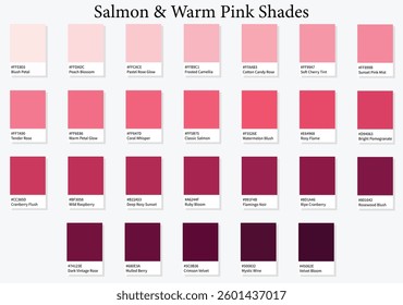 Color Palette 26 Salman and Warm Pink Shades - 3d Light Faded to Deep Dark Blue Tones - with HEX Codes and Names, Colour Swatches, Scheme and Combinations