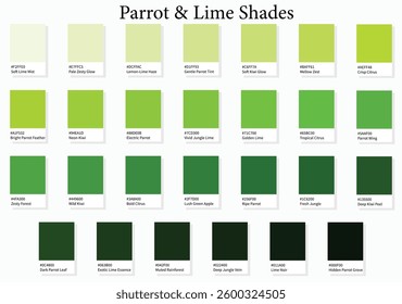 Color Palette 27 Parrot and Lime - 3d Green, Yellow, Cool Light Tones - with HEX Codes and Names, Colour Swatches, Scheme and Combinations