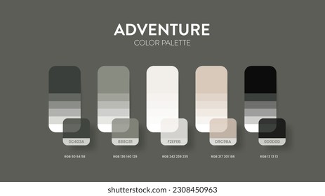 Color palette in Adventure colour theme collections. Color inspiration or color chart with codes template. Color combination set of RGB. Colors swatch for graphic design, art, fashion and web design.