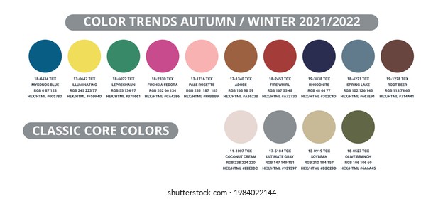 Color palette autumn winter 2021-2022 in circles. Trendy color swatches for fashion, home and interior design. Vector illustration