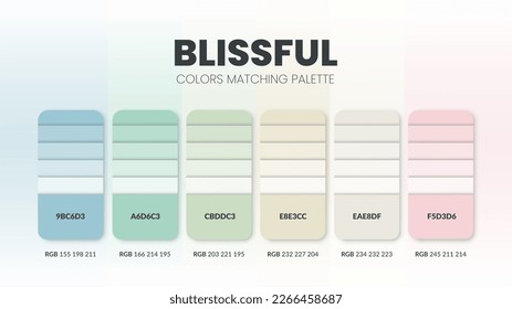 Color palette in Blissful colour theme collections. Color inspiration or colour chart with codes template. Color combination set of RGB. Colors swatch for graphic design, art, fashion, or web design.