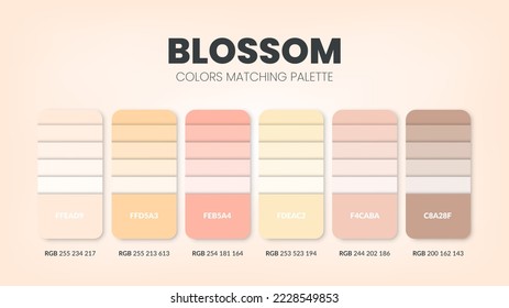 Color palette in a Blossom colour theme collections. Color scheme or colors chart template. Color combination set of RGB, HSL and HEX codes. Color swatch for artist, fashion, home design, or website.