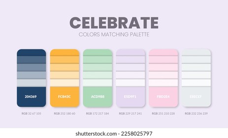 Paleta de colores en Celebra colecciones de temas de color. Inspiración de color o gráfico de colores con plantilla de códigos. Conjunto de combinaciones de colores de RGB. Los colores se mueven para el diseño gráfico, el arte, la moda o el diseño web.