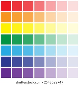 Color palette chart. Gradient square swatches. Vibrant color blocks. Rainbow shade grid.