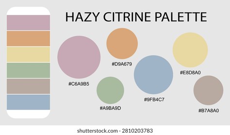 A color palette chart titled Hazy Citrine Palette displaying various muted pastel color swatches with their corresponding hex codes.