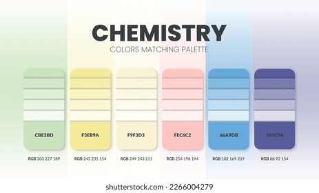 Paleta de colores en colecciones de temas de color Química. Inspiración de color o gráfico de colores con plantilla de códigos. Conjunto de combinaciones de colores de RGB. Los colores se mueven para el diseño gráfico, el arte, la moda o el diseño web.