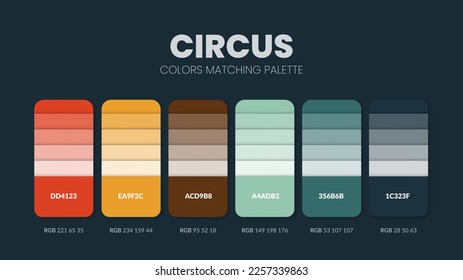 Color palette in Circus colour theme collections. Color inspiration or colour chart with codes template. Color combination set of RGB. Colors swatch for graphic design, art, fashion, or web design.