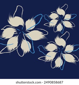 The color palette consists primarily of deep navy blue for the background, complemented by off-white and light beige for the flowers