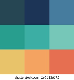 The color palette consists of three rows with nine squares containing shades of blue, green, and orange that create visual harmony and interesting contrast.
