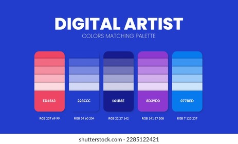 Paleta de colores en colecciones de temas de colores de Artist Digital. Inspiración de color o gráfico de colores con plantilla de códigos. Conjunto de combinaciones de colores de RGB. Muestras de colores para diseño gráfico, arte, moda o sitio web