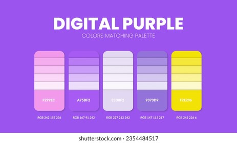 Paleta de colores en colecciones de temas de color púrpura digital. Inspiración de color o gráfico de colores con plantilla de códigos. Conjunto de combinaciones de colores de RGB. Los colores se cambian por diseño gráfico, arte, moda, sitio web.