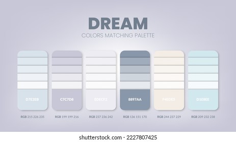 Color palette in a Dream colour theme collections. Color scheme or colors chart template. Color combination set of RGB, HSL and HEX codes. Color swatch for artist, fashion, home design, or web design.