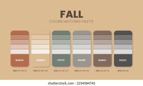 Farbpalette in farbigen Herbstkollektionen. Farbschema oder Farbdiagrammvorlage. Farbkombinationssatz aus RGB-, HSL- und HEX-Codes. Farbuhr für Kunst, Mode, Heimdesign oder Webdesign.