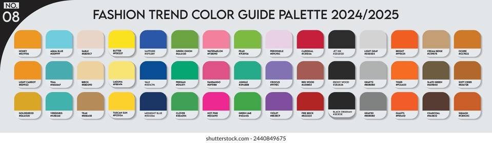 Color Palette. Fashion Trend Color Guide Palette 2024-25 no.08. Forecast of the future colors. color palette vector for fashion designers, business Trend, Garment colors, and Paint Color Companies