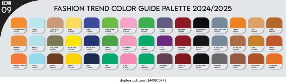 Color Palette. Fashion Trend Color Guide Palette 2024-25 no.09. Forecast of the future colors. color palette vector for fashion designers, business Trends, Garment colors, and Paint Color Companies