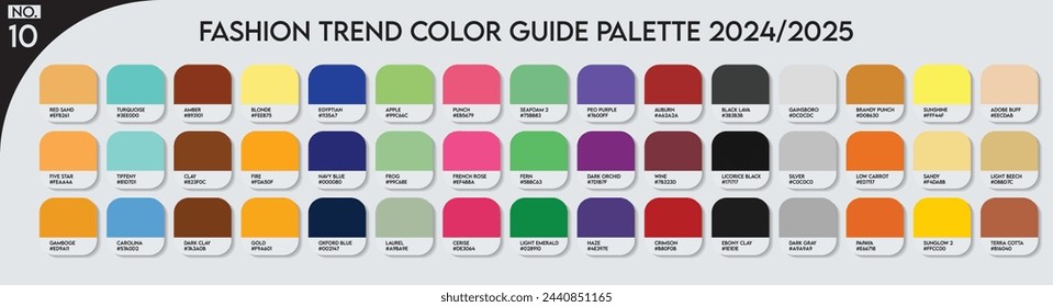 Color Palette. Fashion Trend Color Guide Palette 2024-25 no.10. Forecast of the future colors. color palette vector for fashion designers, business Trends, Garment colors, and Paint Color Companies