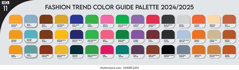 Paleta de colores. Paleta de la guía de color de moda 2024-25 no.11. Vector de paleta de colores para diseñadores de moda, tendencias de negocios, colores de prendas de vestir y empresas de color de pintura