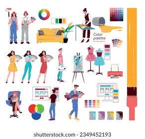 Color palette flat elements set with characters of designers painters buckets of paint isolated vector illustration