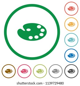 Color palette flat color icons in round outlines on white background