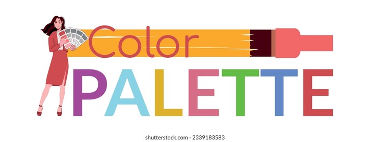 Color palette flat text banner with colorful letters and female designer vector illustration