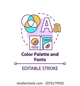 Color palette and fonts concept icon. Business branding abstract idea thin line illustration. Product visual imagery. Aesthetic appearance. Vector isolated outline color drawing. Editable stroke