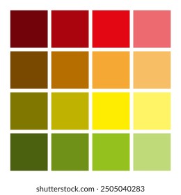 Color palette grid. Shades from red to green. Warm to cool transition. Simple square layout.