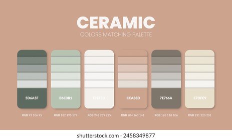 Color palette guide in Ceramic colour theme collections. Color inspiration or chart with codes template. Color combination RGB. Colors swatches for graphic design, art, fashion or painting. Vector.