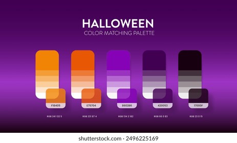 Guía de paleta de colores en colecciones de tema de color de Halloween. Inspiración de color o gráfico con códigos de Plantilla. Combinación de colores RGB. Colores swatches para el Diseño gráfico, arte, moda, Sitio web, pintura.