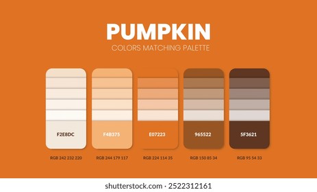 Guía de paleta de colores en colecciones de tema de color de calabaza de Halloween. Colores de inspiración o gráfico con códigos de Plantilla. Combinación de colores RGB. Muestras para el Diseño gráfico, arte, moda, Sitio web, pintura.